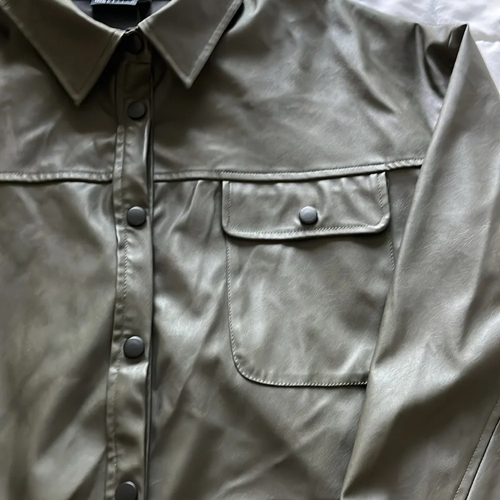 ASOS Olive Green Faux Leather Button-Down Shirt - Picture 3 of 16